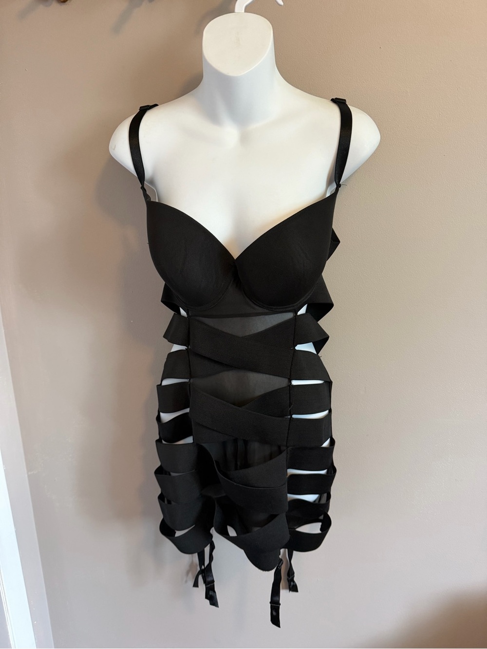 Pleasure Bound Black Strappy Bandage Chemise Lingerie Dress Garter Size 1X